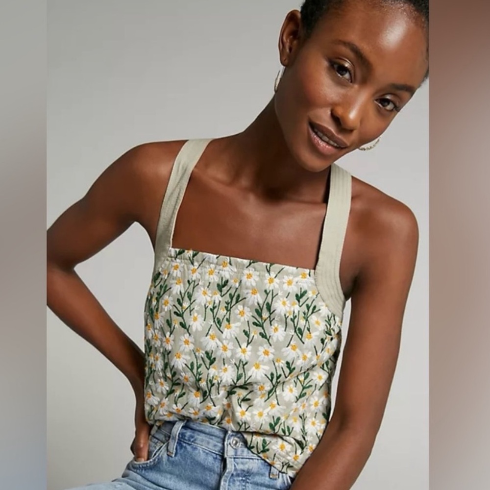 🐝 NWOT Anthropologie Maeve Embroidered Daisy Floral Side Zip Lined Tank Top XL - Picture 2 of 9